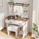 Farmhouse Makeup Vanity Desk with Sliding Mirror and Lights and Charging Station, White Vanity with Shelves and Drawers and Storage Cabinet, Make Up Vanity Desk with Cushioned Stool for Bedroom