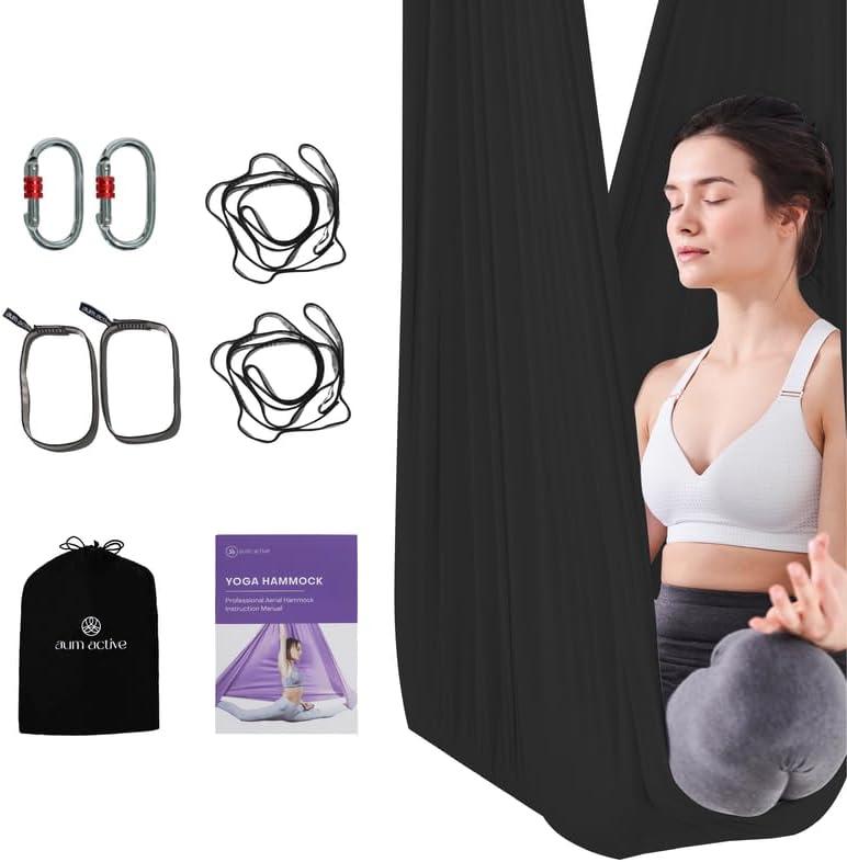 Aerial Silk Yoga Hammock & Swing for Home, Inversion Exercises, Starter Kit for All Levels - Durable with Extension Straps, Carabiners, and Pose Guide (5.5 yards, Black)