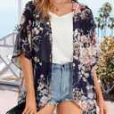 Women's Floral Print Puff Sleeve Kimono Cardigan Loose Cover Up Casual Blouse Tops 2026 (Blue, S)