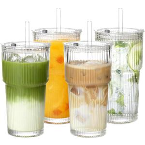 20oz Ribbed Glass Cups with Lids and Straws,4pcs Iced Glass Coffee Cup,Glass Tumblers with Lids and Straws,Coffee Glasses for Matcha, Juice, and Cocktails.