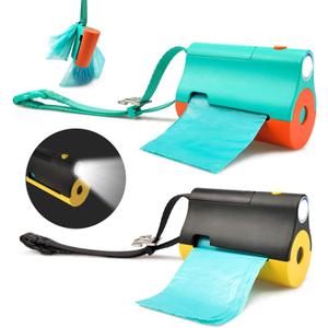 3 in 1 Dog Poop Bags Holder with Built-in LED Flashlight for Leash and Metal Clip for Hanging Used Bags Bi-Color Dog Poop Dispenser with Wristler(2 Holder 30 Bags, Blue&Black)