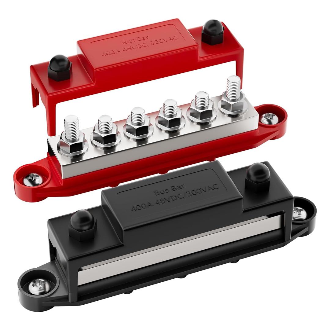 RVBOATPAT 400A Bus Bar 12V Power Distribution Block 6 x 5/16" (M8) Terminal Studs 12 Volt Marine Bus Bar Positive & Negative for Boat Automotive Solar System