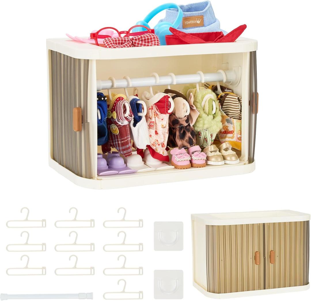 Foldable Doll Wardrobe Closet Compatible with Labubu Clothes  Stackable Storage Box with 10 Hangers, Rod & Display Shelf for 15/17cm Doll Outfits (Translucent)