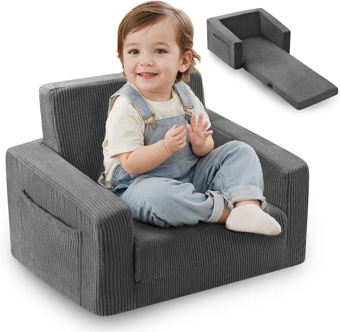 Toddle & Kids Chair,2-in-1 Soft Toddler Couches that Fold Out,Toddler Chairs Comfy 1-3 Years Old,Convertible Sofa to Lounge,Grey