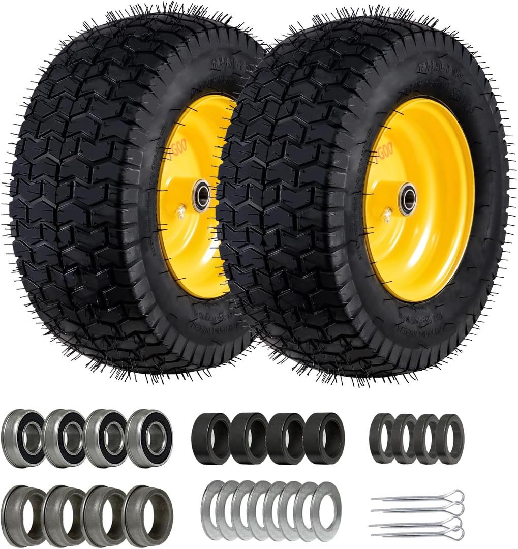 16x6.5-8 Tubeless Tire and Wheel,2 Pcs Replacement Riding Lawn Mower Garden Tractor Front Wheel Tire with 3" Offset Hub, 3/4" Bearing & 5/8Bearing