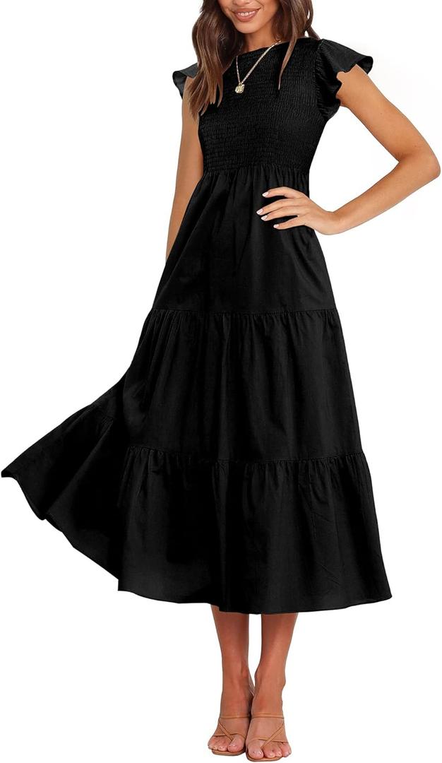 BTFBM Women Casual Short Sleeve Crew Neck Summer Dress Bohemian Floral Printed Flowy Maxi Dresses Tiered Cocktail Dress (Black, XXL)