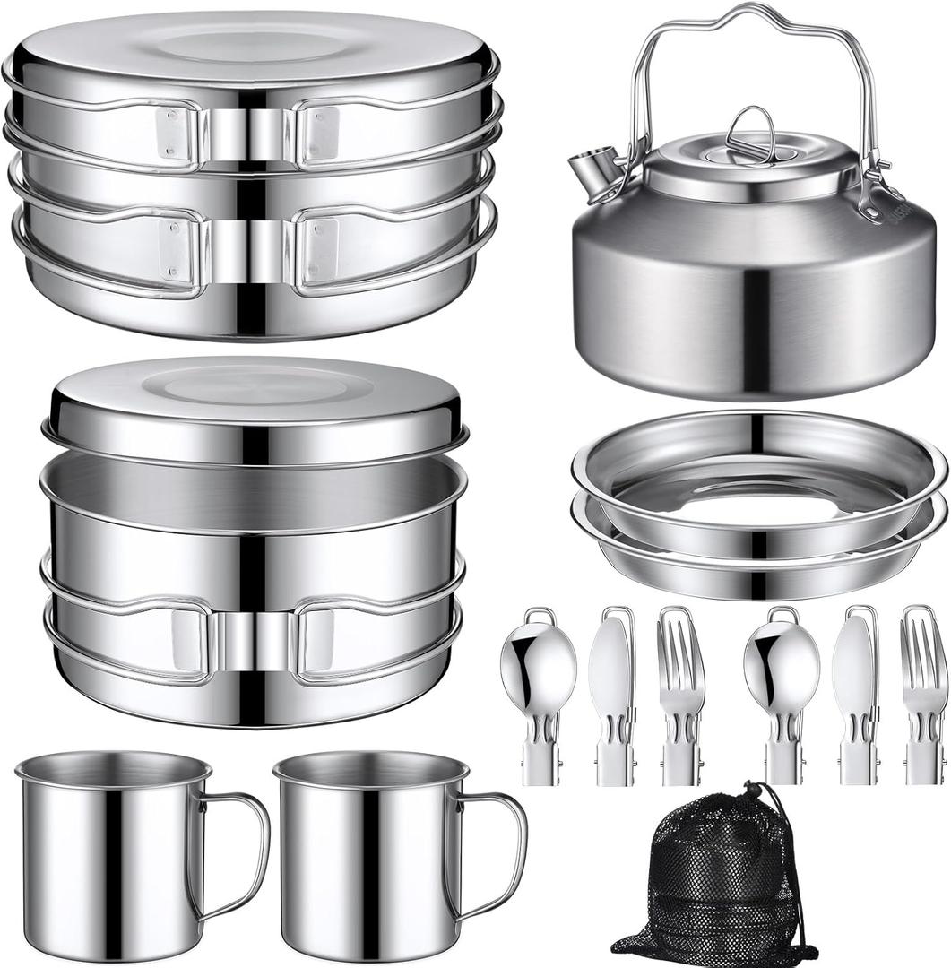 Funnymoom 15 Pcs Camping Cookware Mess Kit Outdoor Cooking Set Stainless Steel with Pot and Pan Kit 2 Set Stainless Steel Cups Plates Forks Knives Spoons for Camping Backpacking Cooking Picnic