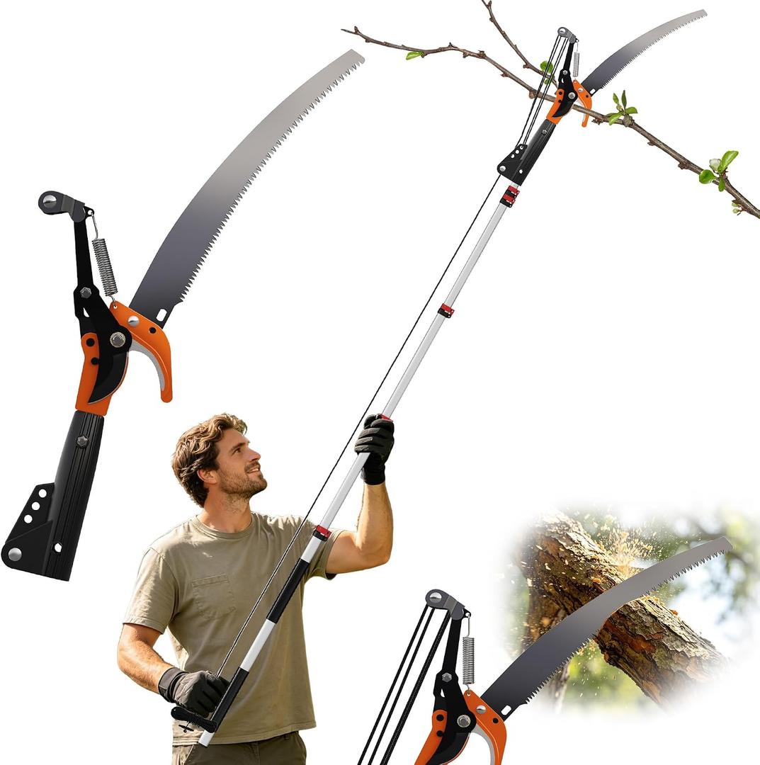 26FT Reach Pole Saw for Tree Trimming, 5-20FT Extendable Branch Trimmer with Sharp Hardened Steel Saw Blade & Pull Rope Pruner, Manual High Reach Tree Branch Cutter for Garden, Yard & Orchard Pruning