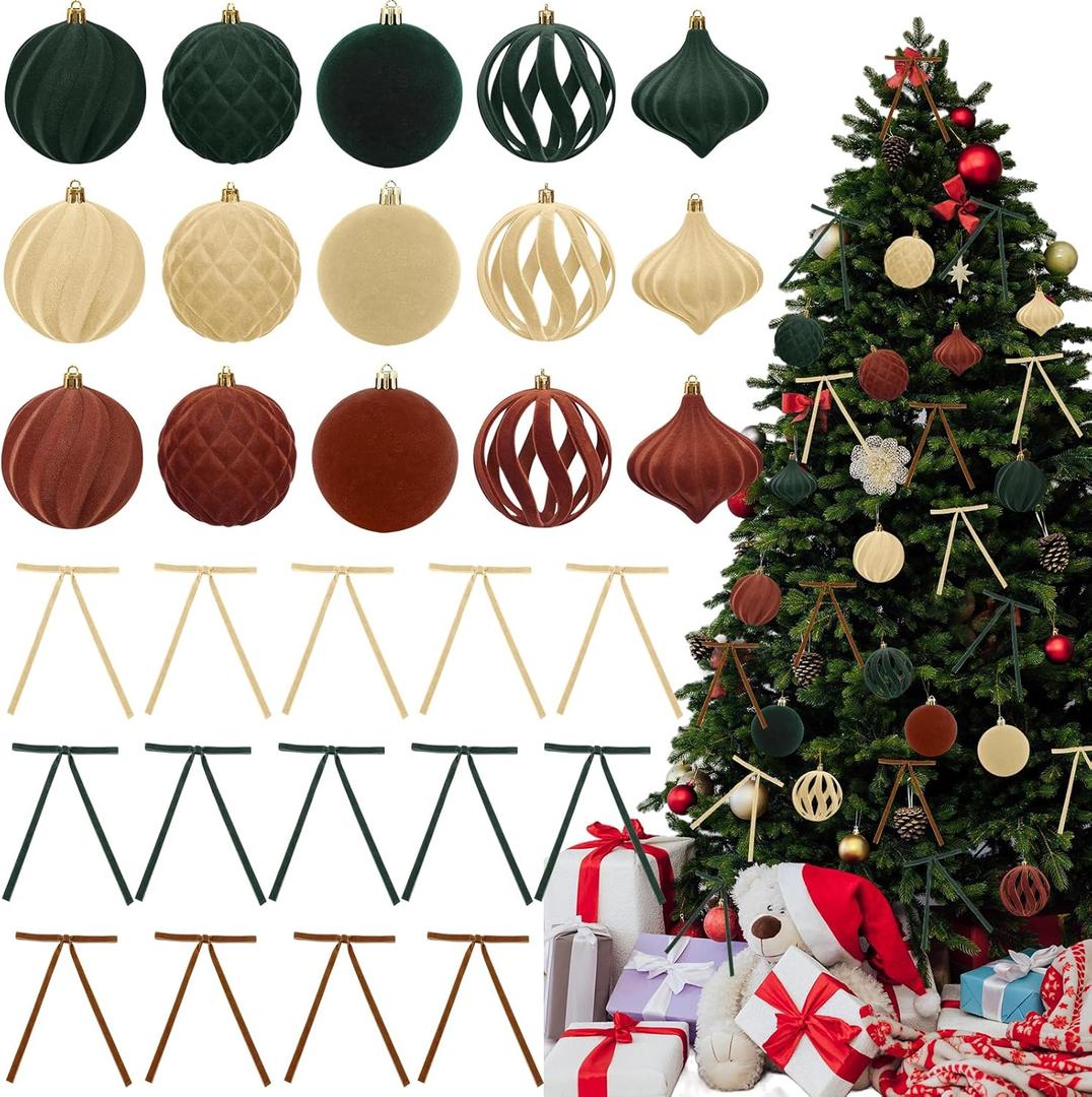 30 Pcs Christmas Tree Decorations Velvet Kit Include 3.15 Inches Assorted Christmas Velvet Balls 8 Inches Vintage Ribbon Bows Flocked Ornaments for Xmas Tree Garland Wreath Decor Holiday Party Supply