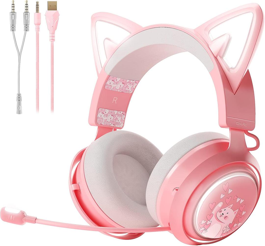 SOMIC GS510 Gaming Headset, Cat Ear Headset PC Gaming Headphones with Retractable Mic Noise Cancelling, Stereo Sound, DIY Face Covers for PC, PS4, PS5,Xbox One(Only White LED Light)-Pink