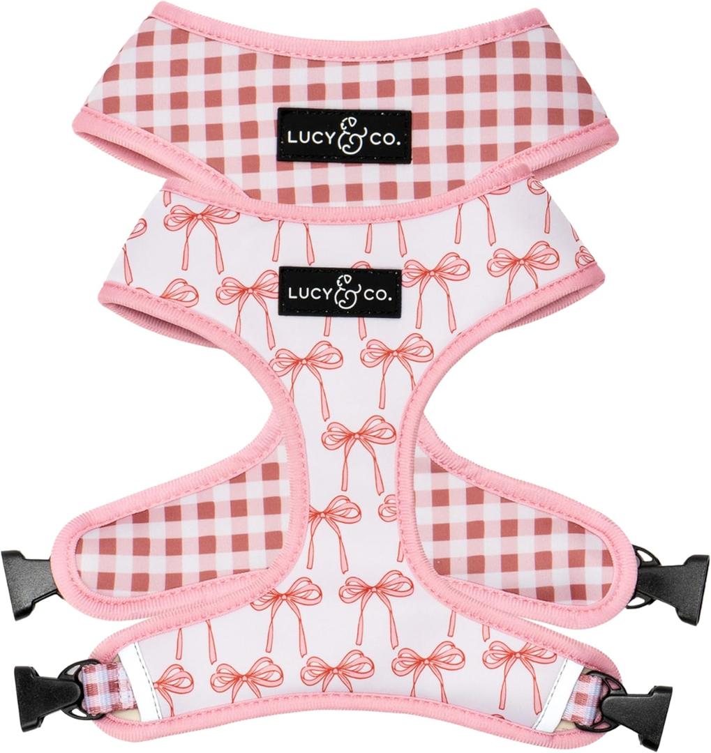 Lucy & Co. Cute Reversible Dog Harness Walking Halter - Best Designer Pet Harnesses for XS - XL Dogs - Padded Adjustable Vest for Easy Walking (Large, Ballet Bows - White & Pink Bows)