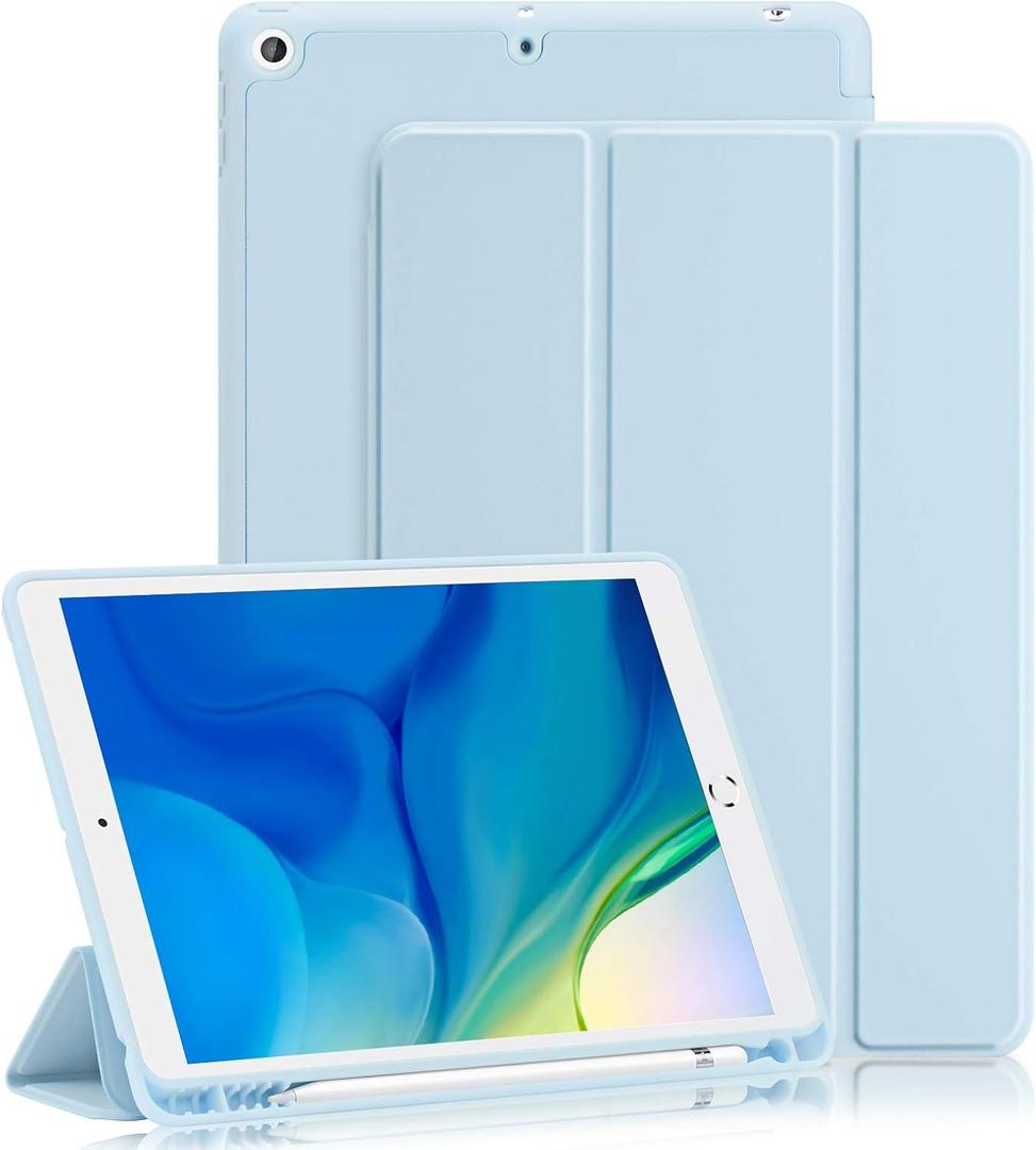 GHINL for iPad 9th/8th/7th Generation Case (2021/2020/2019) iPad 10.2-Inch Case with Pencil Holder [Sleep/Wake] Slim Soft TPU Back Smart Magnetic Stand Protective Cover Cases(Sky Blue)