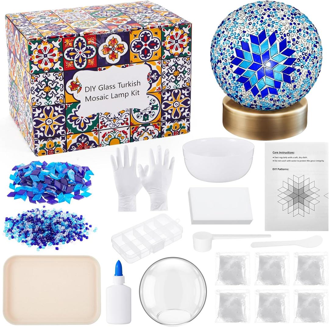 Baquler Turkish Mosaic Lamp Kit DIY Stained Glass Decorative Table Bedside Night Light Tabletop Bohemian Moroccan Lamp Craft Kit for Living Room Decorations (Blue)