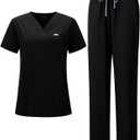 Women's Ultra-Light Medical Scrub Set-130GSM Summer Cooling Fabric-4-Way Stretch, Cargo Pants & V-Neck Top-6-Pocket (3X-Large, Black)