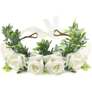 Honoson Dog Wedding Flower Collar, Adjustable Artificial White Rose Floral Attire Wreath with Ribbon Tie, Pet Puppy Cat Outfit for Female Male Dog Engagement Photo Prop Bridal Shower(Medium)