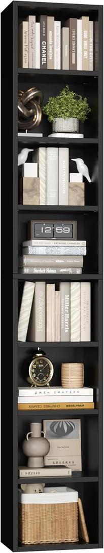 FOTOSOK 8-Tier Media Tower Rack, 11.6 X 9.3 X 70.9 Inches CD DVD Slim Storage Cabinet with Adjustable Shelves, Tall Narrow Bookcase Display Bookshelf for Home Office, Black