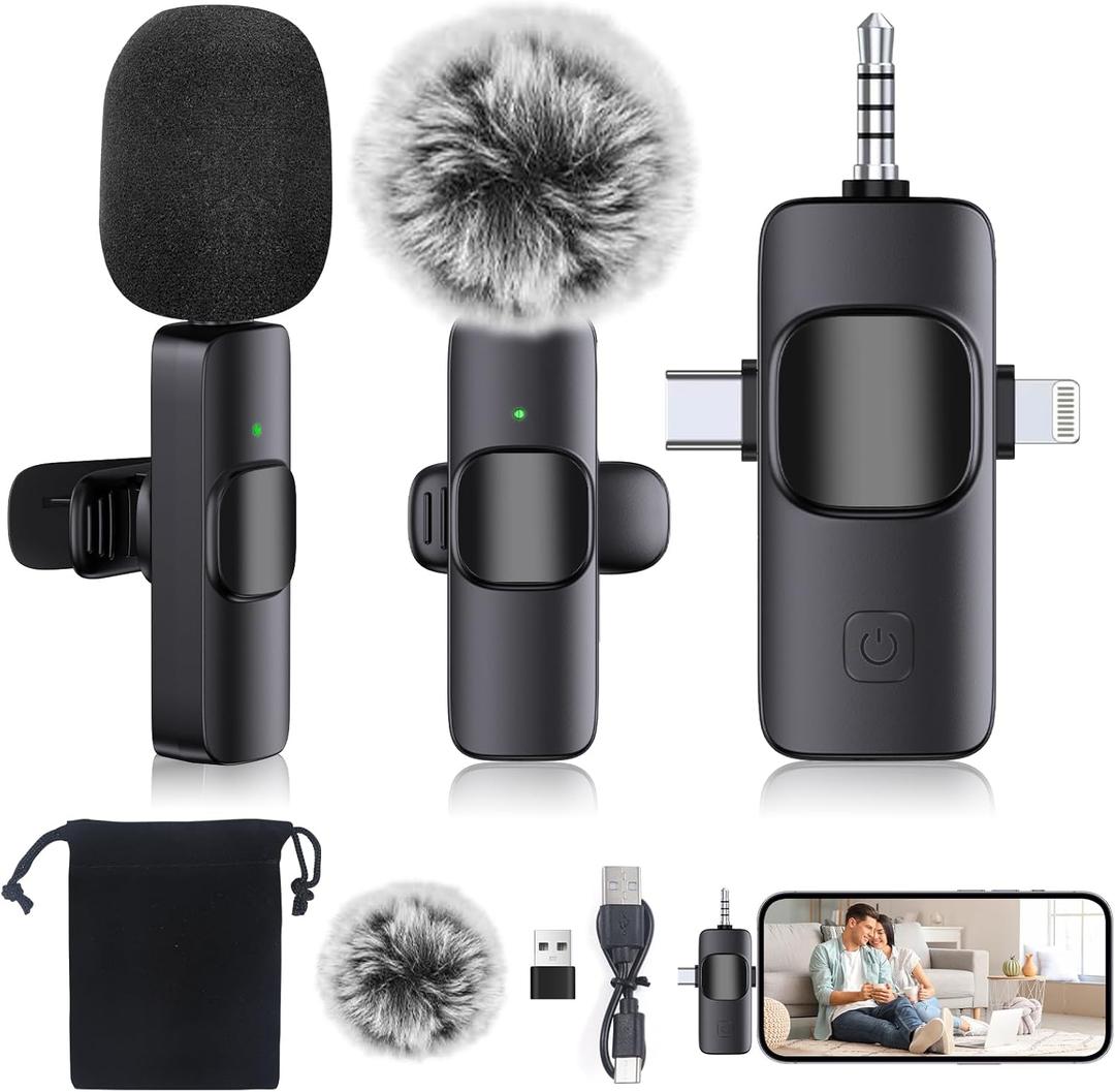 3 in 1 Professional Wireless Microphone for iPhone,Android,Camera,Lapel Mic with Noise Reduction,Mini Microphone Crystal Clear Sound Quality for Recording,Live Streaming,Tiktok,YouTube,Vlog