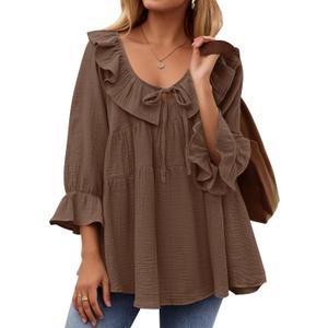 ZESICA Womens Scoop Neck 3/4 Length Sleeve Tops 2026 Casual Tie Front Ruffle Tiered Loose Tunic Shirts Blouses Fall Outfits (X-Large, Brown)