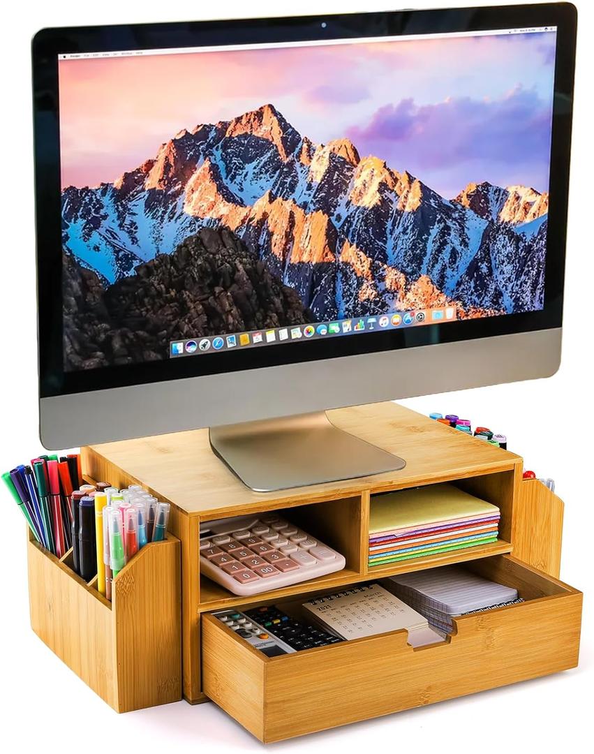 Hiceeden 2 Tier Bamboo Desktop Organizer, Desk Monitor Stand Riser with 1 Drawer and 2 Pen Holder, 2 Compartment Computer Desk Storage Organizer for Laptop, Printer, iMac