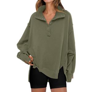 ANRABESS Women's Sweatshirts Oversized Casual Loose Button Up Henley Pullover Top High Low Split 2025 Fall Fashion Outfits (Medium, Army Green)