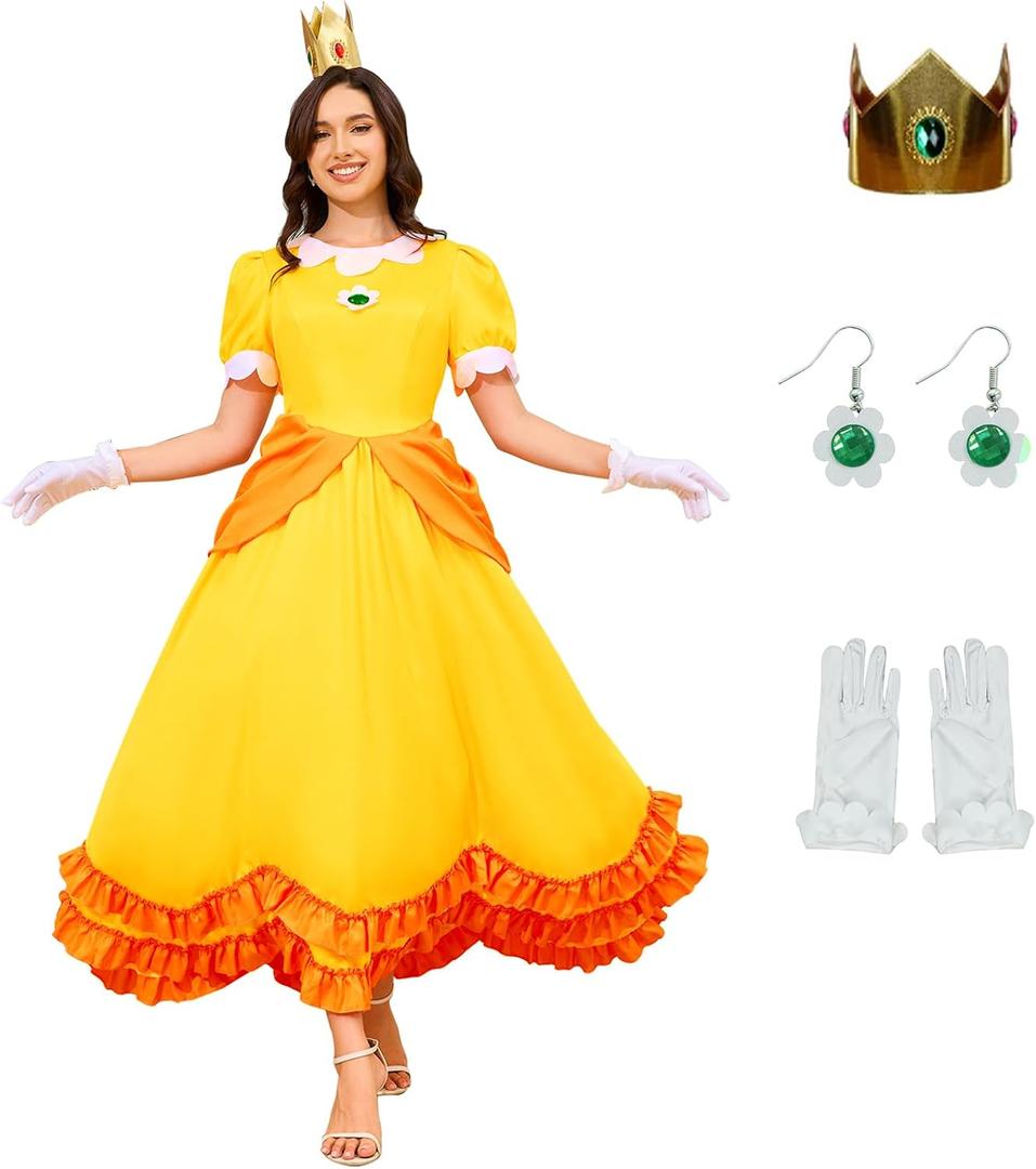 Princess Dresses for Women Princess Cosplay Halloween Full Set with Crown Earrings Gloves (US Size) (Small, Yellow)
