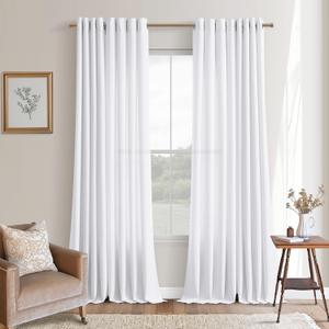 Grommet Linen White Long Curtains 90 Inches Long for Living Room 2 Panels Set Light Filtering Neutral Modern Farmhouse Boho Non-See-Through 90 Inches Length 8 ft Window Curtain for Sliding Door Patio
