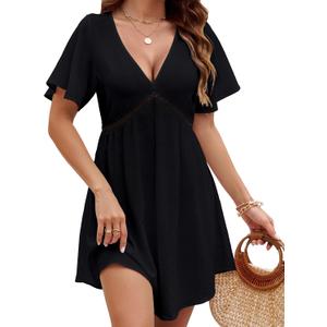 BMJL Women's Swimsuit Coverup V Neck Beach Cover ups Short Sleeve Flowy Bathing Suit Cover up(Black,M) (Black, M)