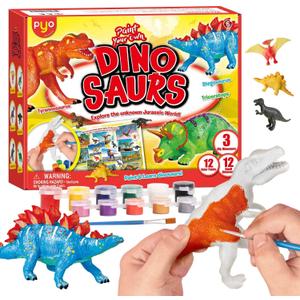 EDUMAN 12 Pcs Dinosaur Painting Kit for Kids, Paint Your Own Dinosaur Kit, Dino Arts & Crafts Painting Set with Brushes and Colors, DIY Activity Toy for Boys & Girls Age 6-12, STEM Gift for Toddlers