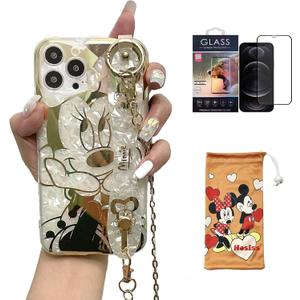 Cartoon Case for iPhone 12 Pro Max 6.7''with HD Screen Protector, Minnie Mouse with Wrist Strap Kickstand Metal Chain Strap Soft TPU Shockproof Protective for Girls Women