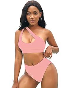 NAFLEAP One Shoulder Cutout Bikini Set for Women High Waisted Bottom Swimsuit Two Piece Bathing Suit, L