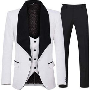 YFFUSHI Men's 3 Piece Suit Slim Fit Jacquard Tuxedo One Button Shawl Collar Jacket Vest & Trousers (X-Large, White)