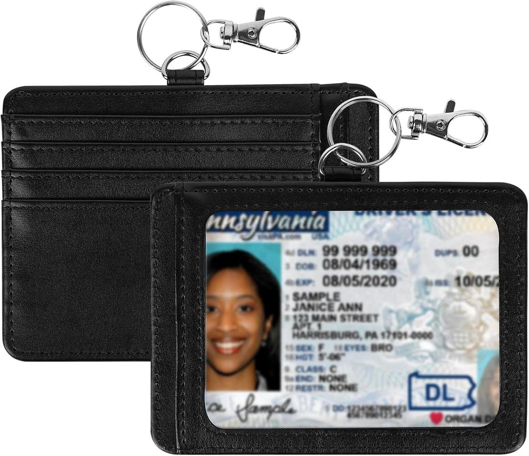 Linkidea 2 Pack ID Name Badge Holder, Minimalist Wallet with 4x3 Business Card Protector and Keychain & Lanyard Loop, Vegan Leather Card Holder with Credit Cards Slot for Women & Men