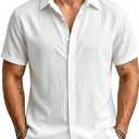 Men's Cotton Linen Casual Shirts Short Sleeve Shirts Button Down Shirt for Men Beach Summer Beach Wedding Shirt (Large, White)