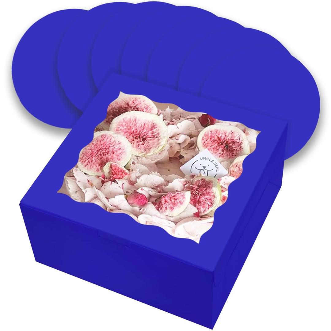 qiqee 10x10x5 Cake Box, 18 Sets Gemstone Blue Cake Box with Window  18 Sets 10" Gemstone Blue Cake Round Boards, 10inch Cake Containers