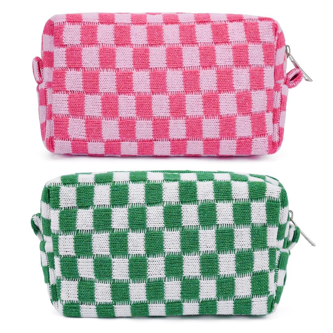 2 Pieces Makeup Bag Pouch Checkered Cosmetic Bag Pink Green, Travel Toiletry Bag Organizer Cute Makeup Brushes Storage Bag for Women (Green & Rose red)