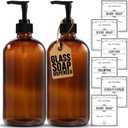 Sunrise Premium, 16 OZ Thick Amber Glass Soap Dispenser with Pump 2 Pack, Hand and Dish Soap Dispenser Set for Bathroom with 6 Waterproof Labels