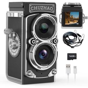 Mini Vintage Digital Camera, Portable Retro TwinLens Reflex Style Digital Camera with 16GB Card, 12MP Photos, Autofocus, 1080P FHD Video, 1000mAh Battery and Dual Filters, Perfect for Boys & Girls