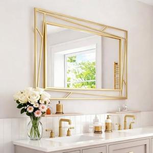 NXHOME Brushed Gold Bathroom Mirror, 48''X24'' Rectangular Wall Mirrors with Geometric Metal Frame for Bathroom Bedroom Living Room, Hang Horizontally or Vertically