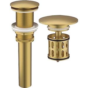 Bathroom Pop up Drain Without Overflow, Anti-Clogging Vessel Sink Drain Strainer, Pop Up Drain with Detachable Basket, Hair Catcher Bathroom Sink Drain Stopper (Brushed Gold, No Overflow)