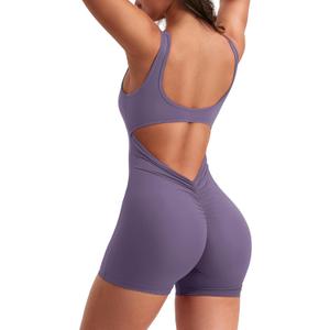 YEOREO One Piece Workout Jumpsuits for Women Backless Tummy Control Sleeveless Jumpsuits Lizvette V Back Scrunch Yoga Romper (Large, Purple)