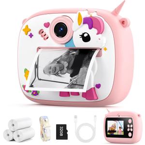 YOZISS Kids Camera Instant Print, Digital Camera for Kids, Christmas Birthday Gift for Boys Girls 3-12 with Silicone Cover, Selfie Cam No-Ink Instant Print with SD Card & 3 Rolls Paper (Pink)