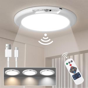 LINEWAY Rechargeable Motion Sensor Ceiling Light with Remote,Battery Operated LED Ceiling Lights 3 Colors Dimmer 7.5'' Wireless Closet Light Magnetic Motion Activated Shower Light for Shed Pantry