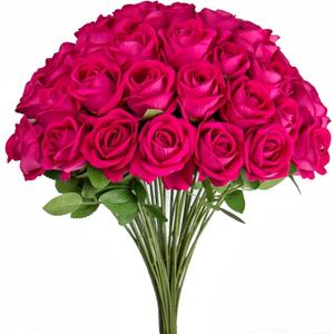 36 Pcs Hot Pink Artificial Roses with Stems, 2" Real Touch Velvet Faux Flowers Bulk for Wedding Bouquets, Centerpieces, Bridal Shower, Fuchsia Fake Floral Arrangement Decor