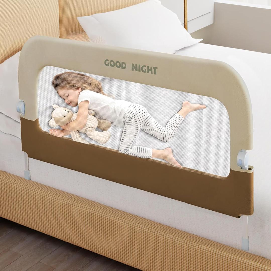Bed Guard Rail for Toddlers - 32" Adjustable Heights & Folding up Portable Bed Railing for Baby - Toddler Bed Rails Guard for Crib, Twin, Bunk,Full Size, Queen & King Bed (Beige With Khaki)