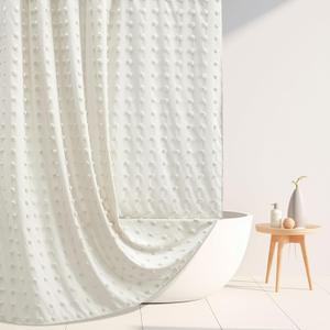 Extra Long Boho Farmhouse Cream Shower Curtain Woven Fabric Ivory Shower Curtain, 72 x 78 Tufted Pleat Floral Puffs Textured Modern Farmhouse Minimalist Shower Curtain Set with Hooks for Bathroom
