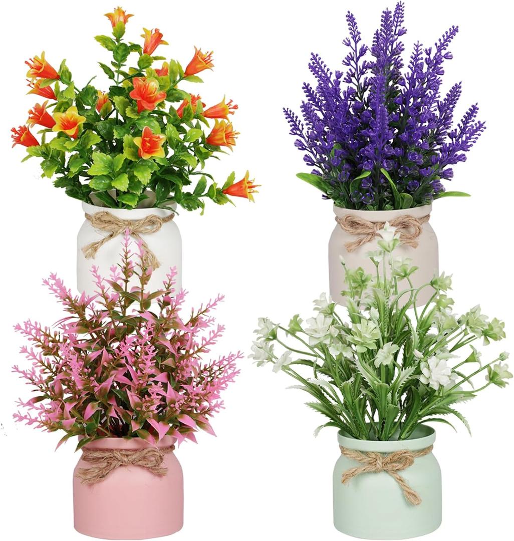 Yoratee 4pcs Artificial Pot Flowers Small Fake Plants with Pot Mini Potted Plants for House Office Tabletop Decoration