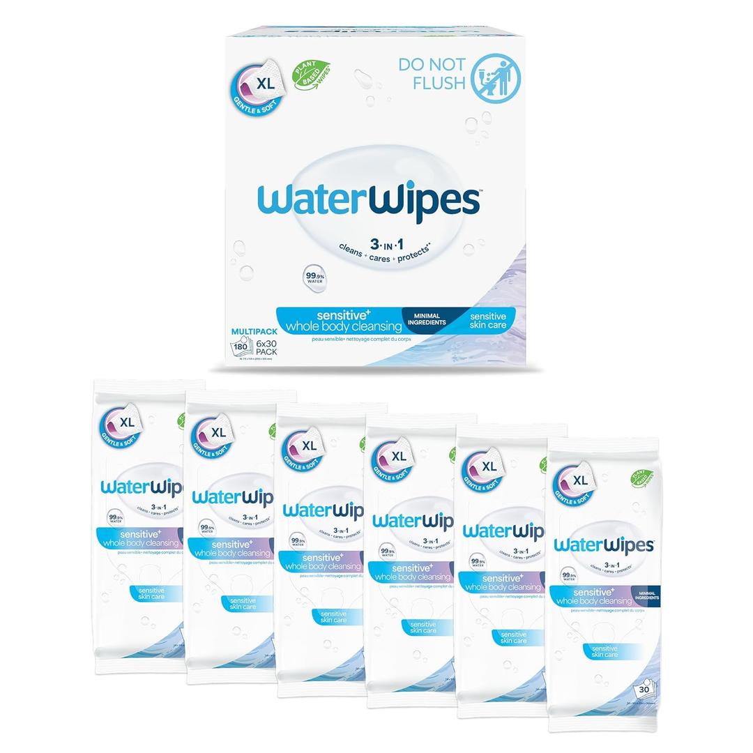 WaterWipes Sensitive Whole Body Cleansing Wipes, 99.9% Purified Water, XL Textured Wipes, Incontinence Care, Fragrance Free, 180 Count (30 Count (Pack of 6))