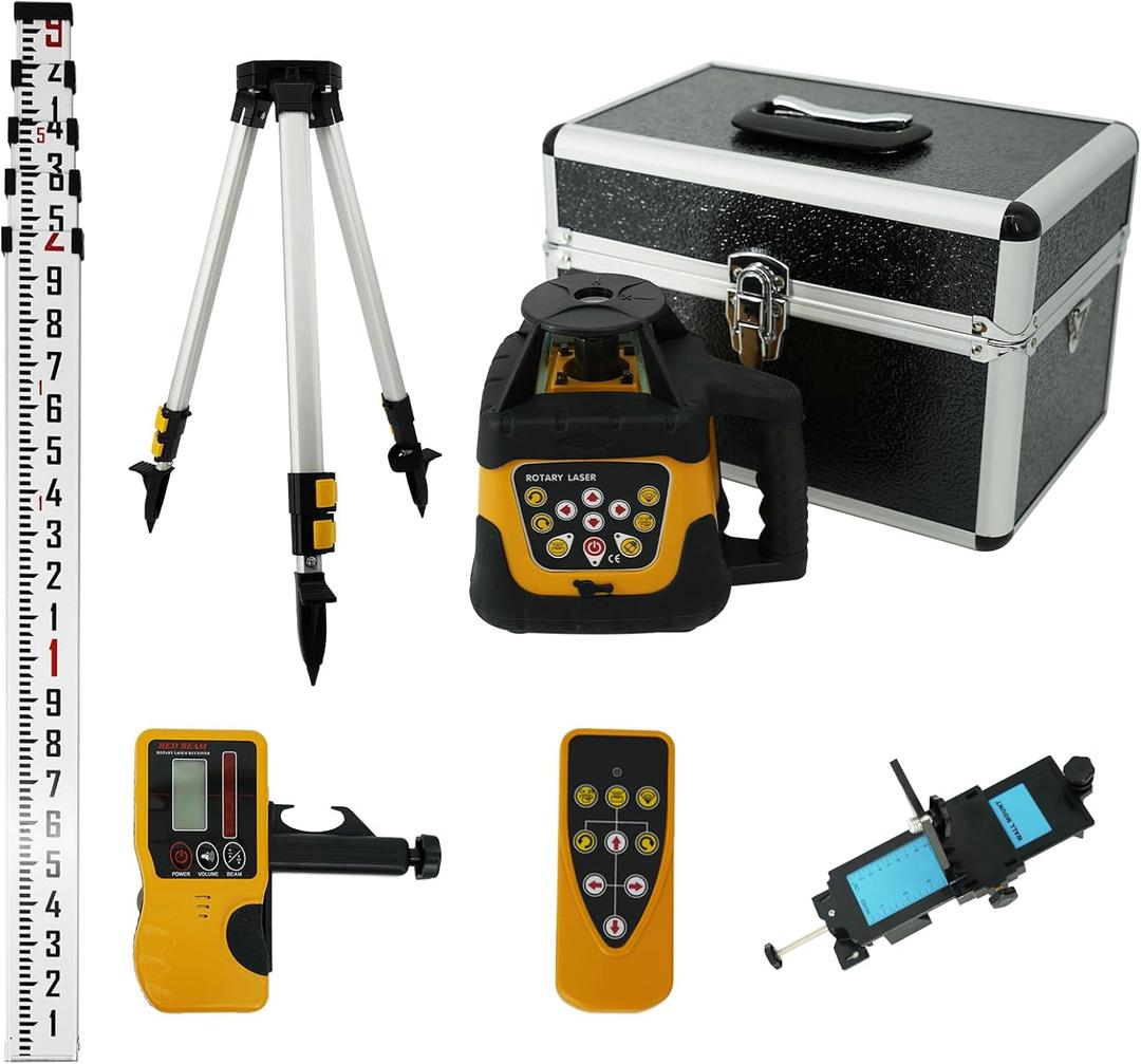 Self-Leveling 0.11"/100' Rotary Laser, 2000' Rotary Laser Level Kit, IP66 with Aluminum Tripod, Grade Rod for Grading