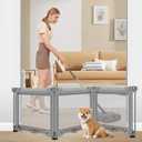 3-Panel Free Standing Dog Gate with 4 Suction Cups, 60 x24 Inch Tall Step Over Pet Gate for Dogs, Short Dog Gates for Doorways Collapsible Dog Fence Indoor Puppy Barrier Mesh Gates for Stairs, Gray