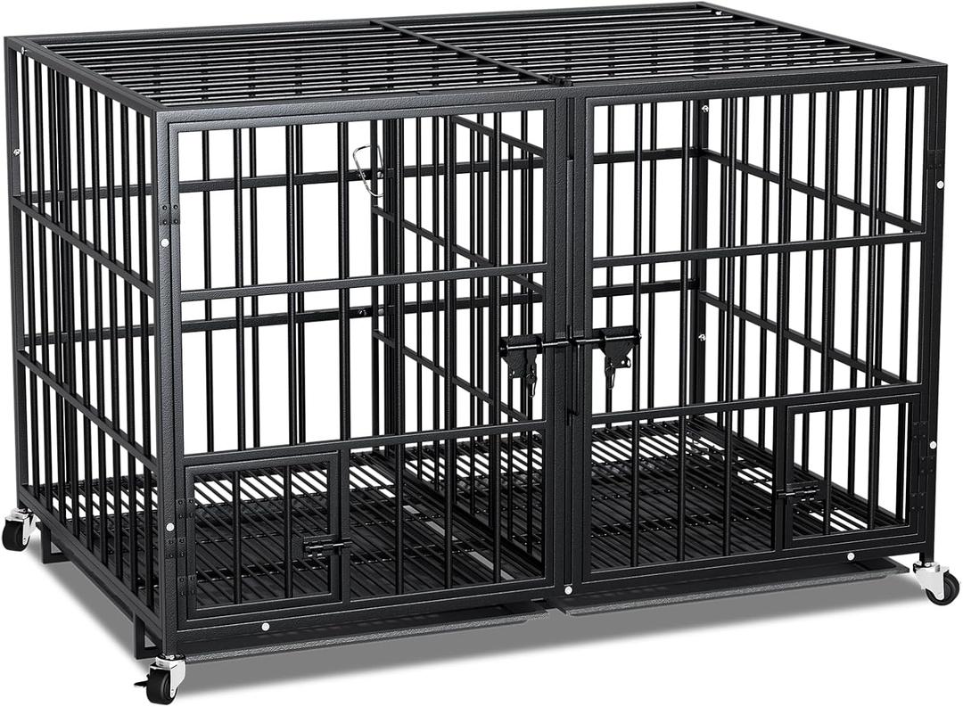 42/48/54 Inch Metal Dog Crate for Large Dogs,Heavy Duty Dog Cage Kennel Indoor with Divider Panel, Lockable Wheels, Indestructible Drop Cages for Dogs with Removable Tray, Escape Proof Locks, Black 